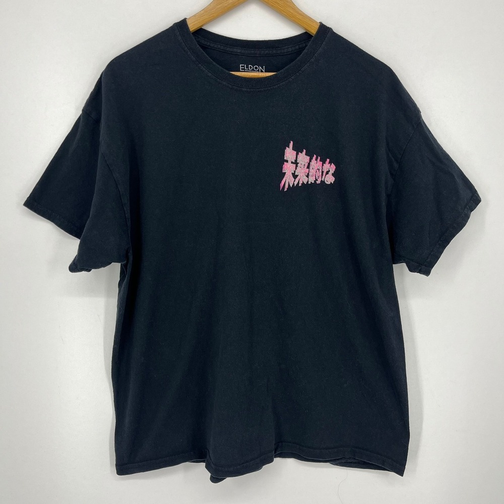 Eldon Mens XL Black Pink Japanese Text Anime Graphic Short Sleeve T-Shirt